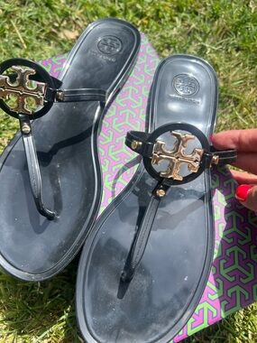 Tory Burch Black Jelly Thong Sandals with Gold Double-T Medallions